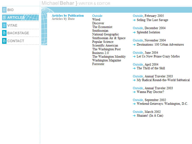 web development (pre-2007) - edgehill productions - client: michael behar (writer, journalist)