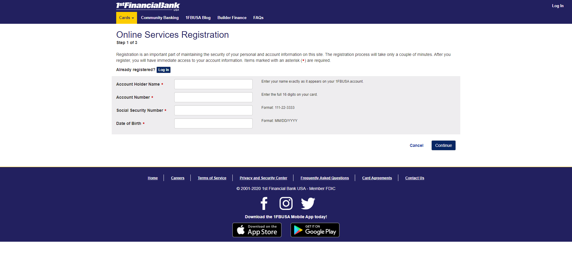 web development - 1fbusa financial services - registration step 1 of 3