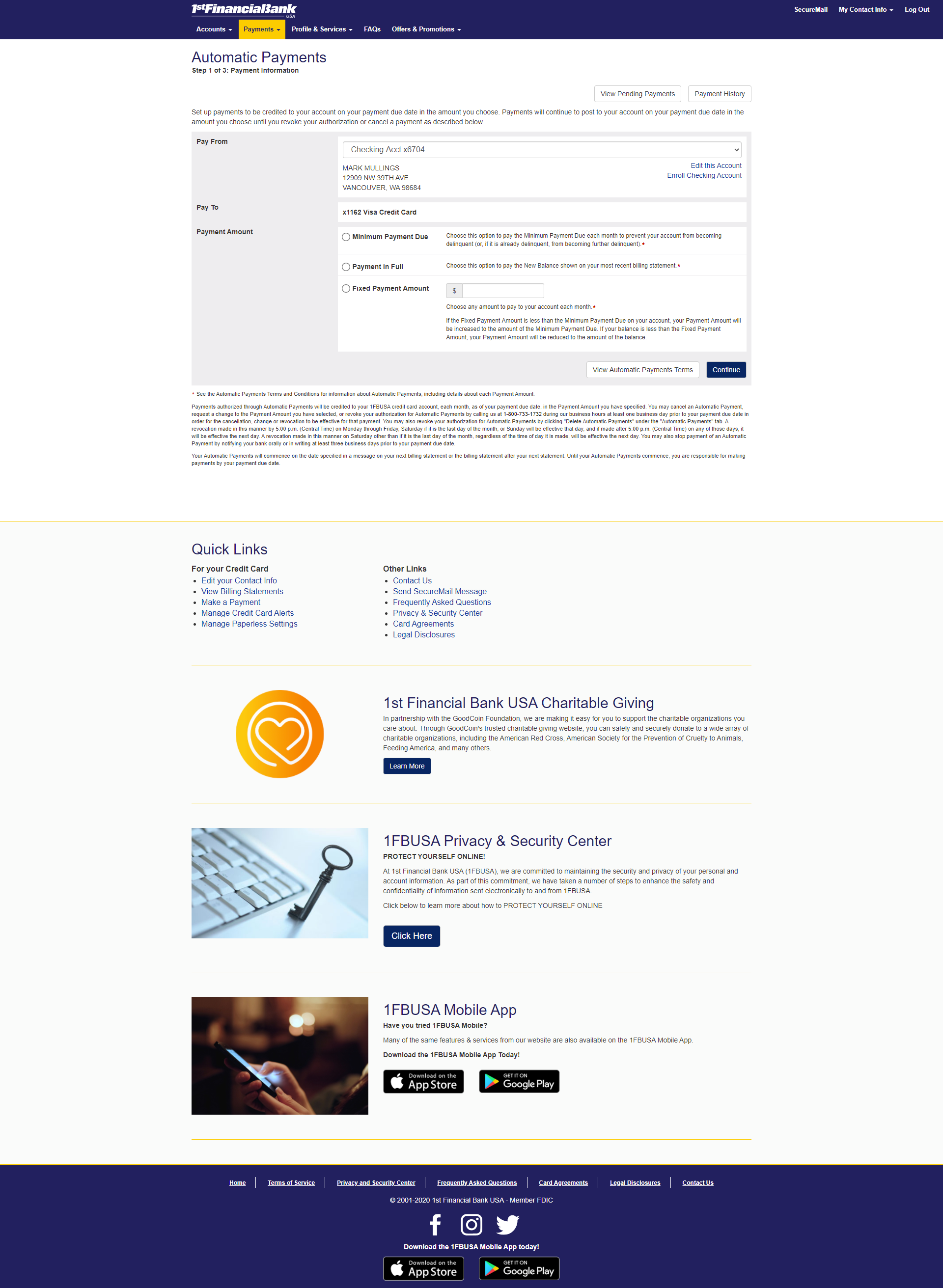 web development - 1fbusa financial services - payments - automatic payments