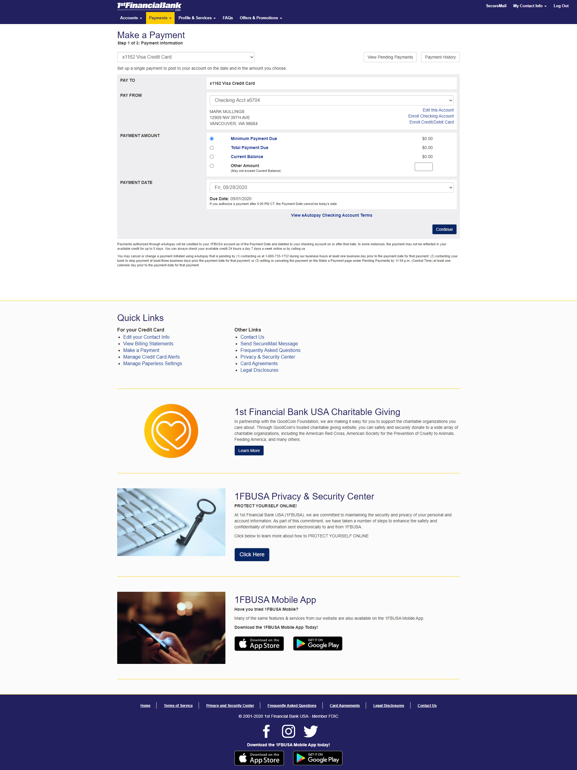web development - 1fbusa financial services - payments - make a payment step 1
