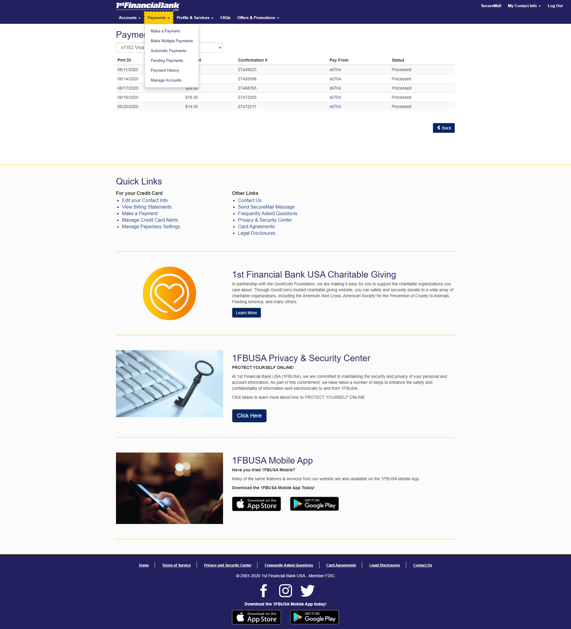 web development - 1fbusa financial services - payments - payment history - navigation example