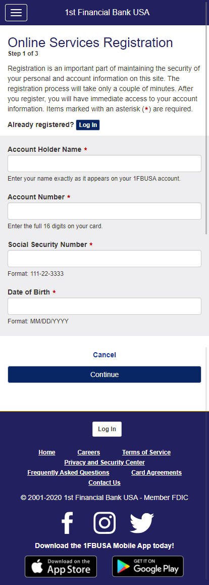 web development - 1fbusa financial services mobile app - registration step 1 of 3