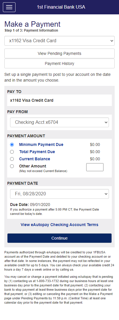 web development - 1fbusa financial services mobile app - payments - make a payment