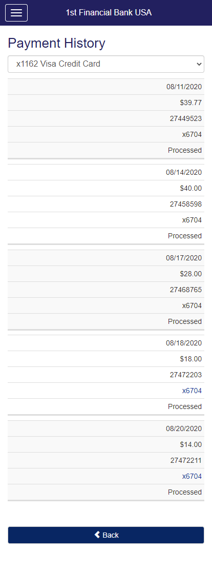 web development - 1fbusa financial services mobile app - payments - payment history